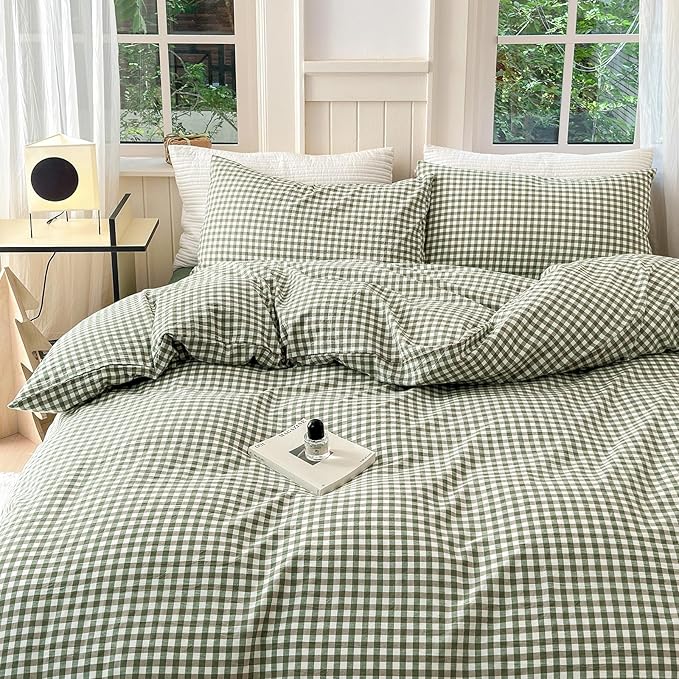 LifeTB Queen Comforter Set Green Gingham Comforter Modern Style Checkered Pattern Comforter Set Boho Grid Plaid Bedding Comforter Lightweight Fluffy Soft Grid Bedding Set Queen Size Breathable