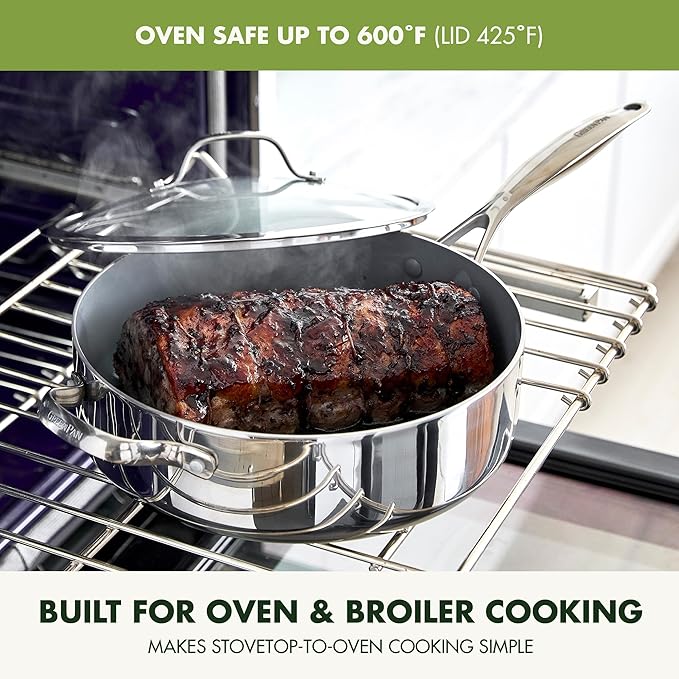 GreenPan Valencia Pro Tri-Ply Stainless Steel 5QT Saut챕 Pan with Lid, Ceramic Nonstick PFAS-Free Coating, Multi Clad Cookware, Induction, Dishwasher Oven and Broiler Safe