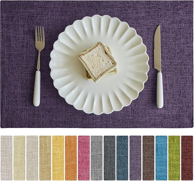 Softalker Faux Linen Placemats Set of 4-12 x 18 Inch, Heat Resistant Double Layered Durable Burlap Farmhouse Place Mats, Non-Slip Washable Rustic Table Mats for Dining, Kitchen, Party竊늁urple