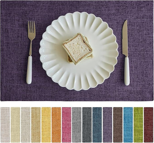 Softalker Faux Linen Placemats Set of 4-12 x 18 Inch, Heat Resistant Double Layered Durable Burlap Farmhouse Place Mats, Non-Slip Washable Rustic Table Mats for Dining, Kitchen, Party竊늁urple