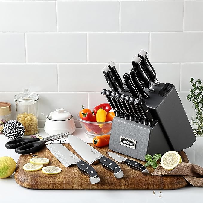 McCook짰 Knife Sets, German Stainless Steel Forged Kitchen Knives Block Set with Built-in Knife Sharpener