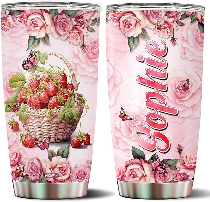 WONWIX Personalized Strawberry Gift for Women, 20oz Insulated Stainless Steel Coffee Mug Tumbler, Travel Cup, Gifts for Girls, Wife, Daughter, Christmas, Birthday, Mothers Day, Valentine