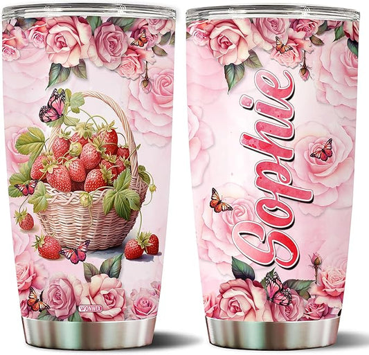 WONWIX Personalized Strawberry Gift for Women, 20oz Insulated Stainless Steel Coffee Mug Tumbler, Travel Cup, Gifts for Girls, Wife, Daughter, Christmas, Birthday, Mothers Day, Valentine