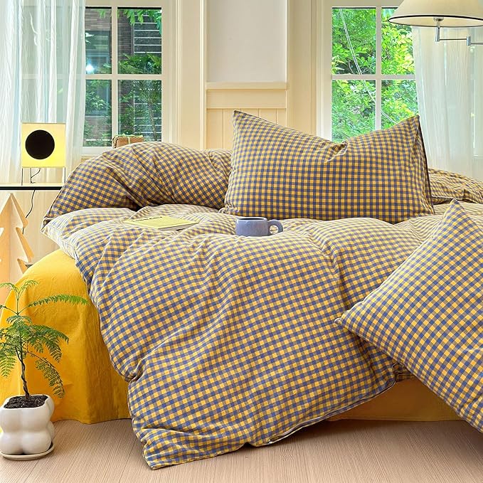 LifeTB Queen Comforter Set Purple Yellow Gingham Comforter Geometric Checkered Pattern Comforter Set Boho Grid Plaid Bedding Comforter Fluffy Soft Farmhouse Grid Bedding Set Queen Size Durable