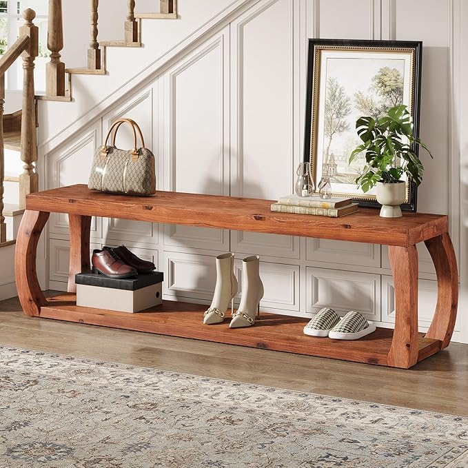 TRIBEWOOD 2-Tier Solid Wood Entryway Bench, 59" Long Farmhouse End of Bed Bench with Open Shelves, Rustic Shoe Storage Wooden Seating for Entry, Kitchen, Living Room, Bedroom, Hallway (Rustic Brown)