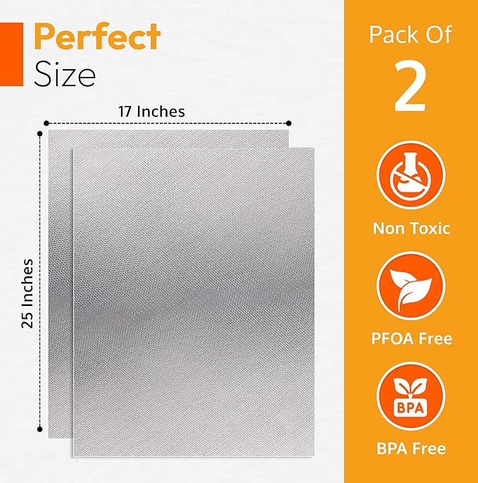 Silver 2 Pack Large Thick Heavy Duty Non Stick Teflon Oven Liners Mat, 17"x 25" BPA and PFOA Free, for Bottom of Electric Oven Gas Stove Microwave Charcoal or Gas Grills