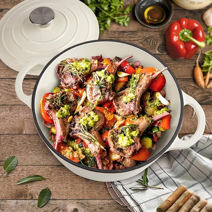 6 Quart Dutch Oven Enameled Cast Iron with Lid - Big Dual Handles - Oven Safe up to 500째F - Classic Round Pot for Versatile Cooking (Cream, 6 QT)