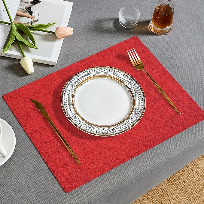 Boobezeen Faux Leather Placemats Set of 6, Heat Resistant Wipeable Washable Vinyl Place Mats, Waterproof Anti-Slip Dining Table Mats, Suitable for Indoor & Outdoor Use (red)