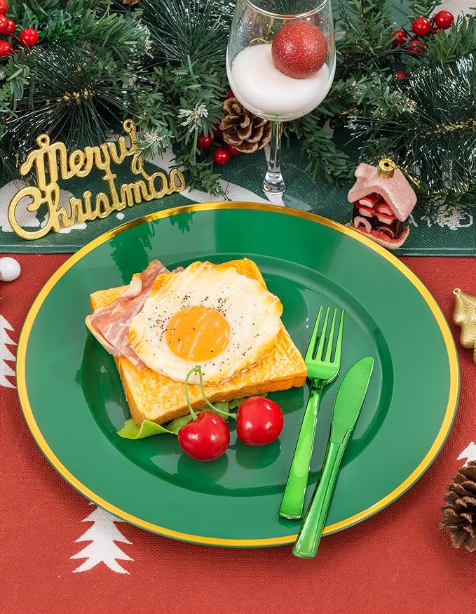 WDF 25PCS Green Plastic Charger Plates - 12inch Green and Gold Chargers for Dinner - Disposable Charge Plates - Perfect for Party Elegant Tabletop Decor St. Patrick's Day
