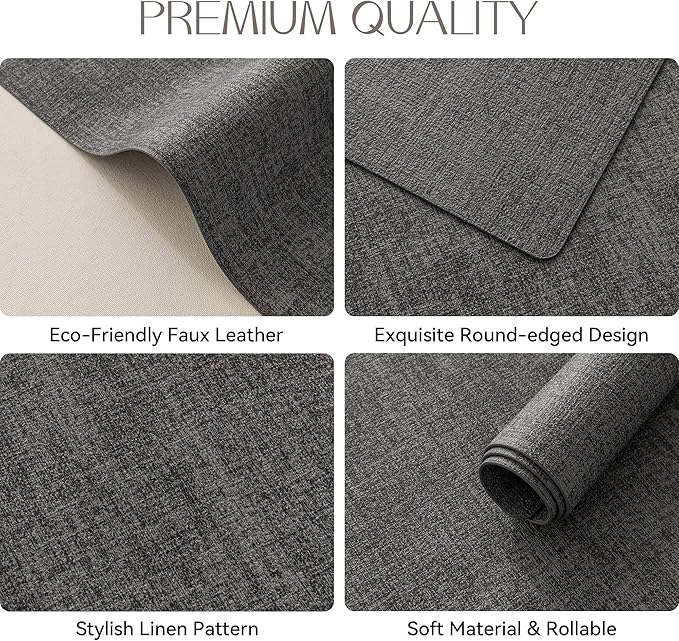 Romanstile Vinyl Placemats Set of 8-12 X 17 Inch - Heat Resistant Place Mats 100% Waterproof Oilproof Wipeable Reversible Faux Leather Table Mats for Kitchen, Dining, Party, Outdoor, Dark Grey