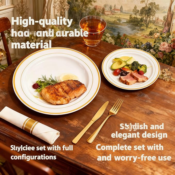 Elegant Wedding Disposable Plates Gold Dinnerware Sets for 25 or 50 Guests for Reception (175)