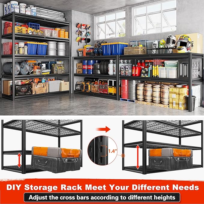 REIBII 55.2'' W x 78.2'' H x 26'' D, 5-Tier Metal Garage Shelving Units, 3000LBS Capacity, Adjustable Heavy Duty Shelves, 2 Pack