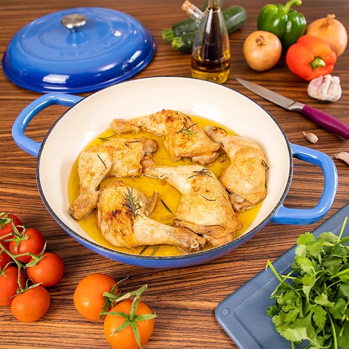 Cast Iron Dutch Oven with Lid ??Non Stick Shallow Dutch Oven Pot, Oven Safe up to 500째 F ??Sturdy Cooking Pot ??Enamelled Stockpot Cookware ??Dark Blue, 3.7-Quart, 30cm ??by Nuovva