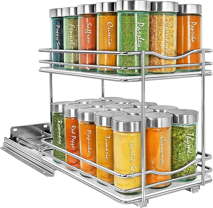 LYNK PROFESSIONAL짰 Pull Out Spice Rack Organizer for Inside Kitchen Cabinets - 6-3/8 inch Wide - Slide Out Drawer ??Chrome Sliding Spice Cabinet Organization Shelf Racks - 2 Tier