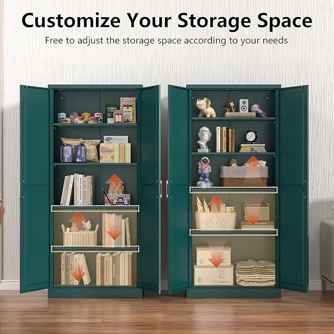 Kitchen Pantry Cabinet, 71 Inch Tall Metal Pantry Cabinet with Doors and Adjustable Shelves, Freestanding Food Cupboard, Storage Cabinets for Dining, Living Room, Green-Teal, Assemble Required