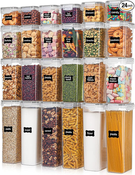 Vtopmart Airtight Food Storage Containers with Lids, 24 pcs Plastic Kitchen and Pantry Organization Canisters for Cereal, Dry Food, Flour and Sugar, BPA Free, Includes 24 Labels竊똆ray