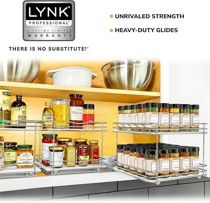 LYNK PROFESSIONAL짰 Pull Out Spice Rack Organizer for Inside Kitchen Cabinets - 10-3/8 inch Wide - Slide Out Drawer ??Chrome Sliding Spice Cabinet Organization Shelf Racks - 2 Tier