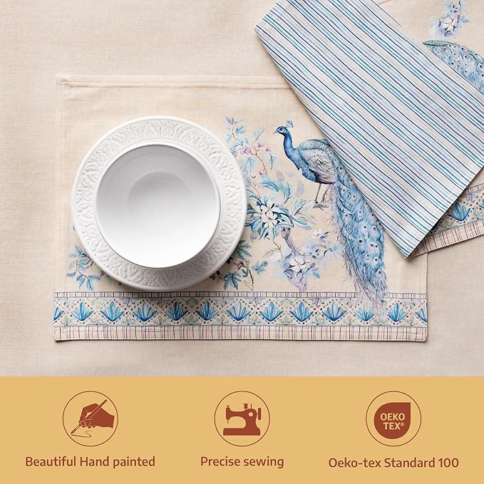 Maison d' Hermine Placemats 100% Combed Cotton Premium Set of 4 Decorative Table Cloth Placemat, Dining, Holidays, Buffet Party - Peacock Utopia - Sandy Beach (13 Inch x 19 Inch)