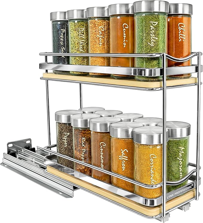 LYNK PROFESSIONAL짰 횋lite??Pull Out Spice Rack Organizer for Inside Kitchen Cabinets - 4-3/8 inch Wide - Slide Out Drawer ??Wood/Chrome Sliding Spice Cabinet Organization Shelf Racks - 2 Tier