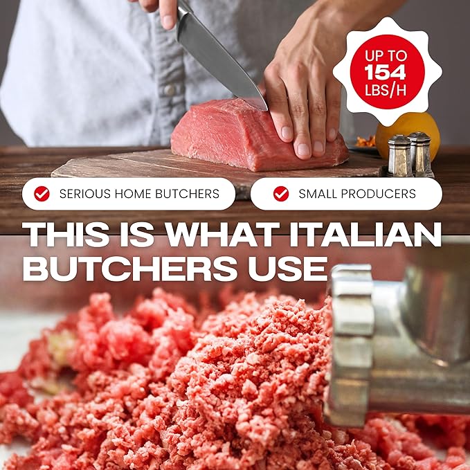 Reber Electric Meat Grinder N.8 450W ??Meat Mincer and Sausage Maker ??Tinned Cast Iron Body, Stainless Steel Knife and Plate ??Induction Motor for Continuous Use ??Made in Italy