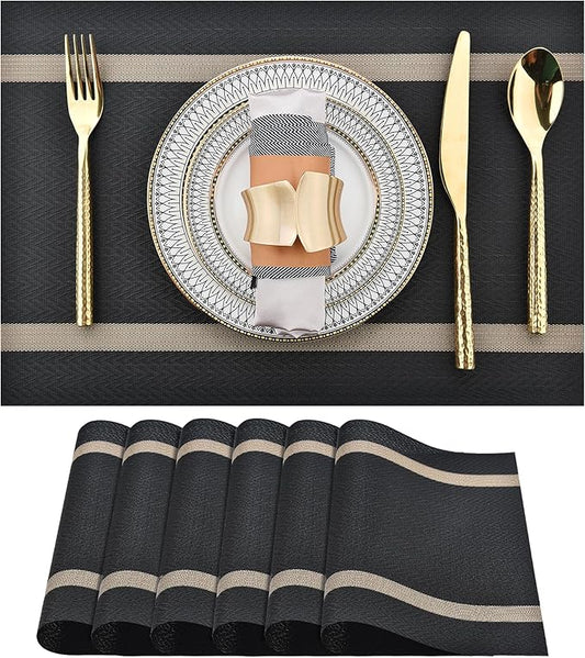 SLKQG Black Placemats Set of 6 - Easy Clean Modern Durable Washable Vinyl Place Mats - Heat Resistant Placemats for Kitchen Table - PVC Table Mats for Dining Table (Black with Stripes, 6)