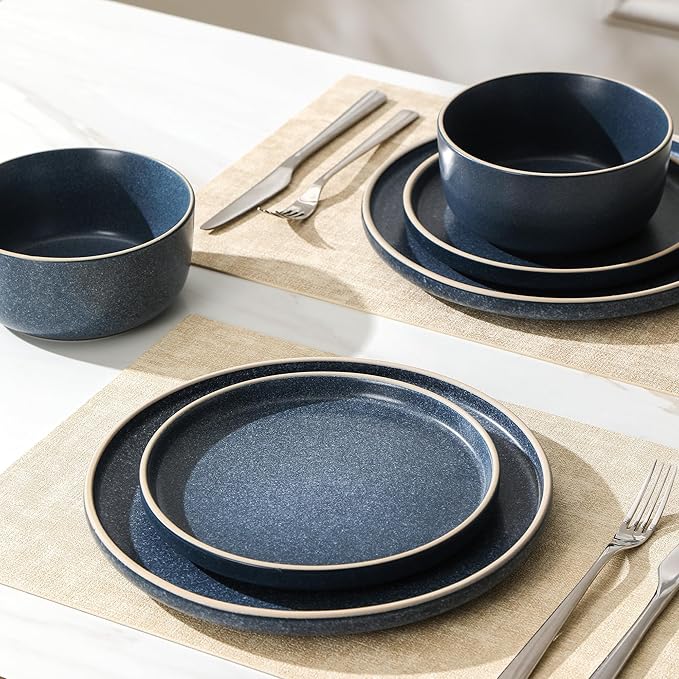 Earth & Clay Amber 12-Piece Dinnerware Set Stoneware, Dishwasher and Microwave Safe Plates and Bowls Set, Dish Set for 4, Blue