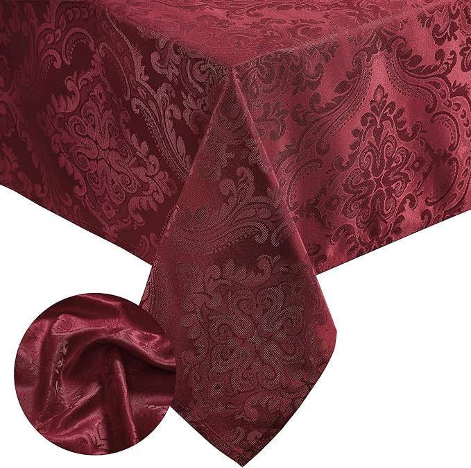 Elrene Home Fashions Caiden Elegance Damask Waterproof, Stain & Wrinkle Resistant Fabric Tablecloth, 60" x 144" Oblong/Rectangle, Cranberry