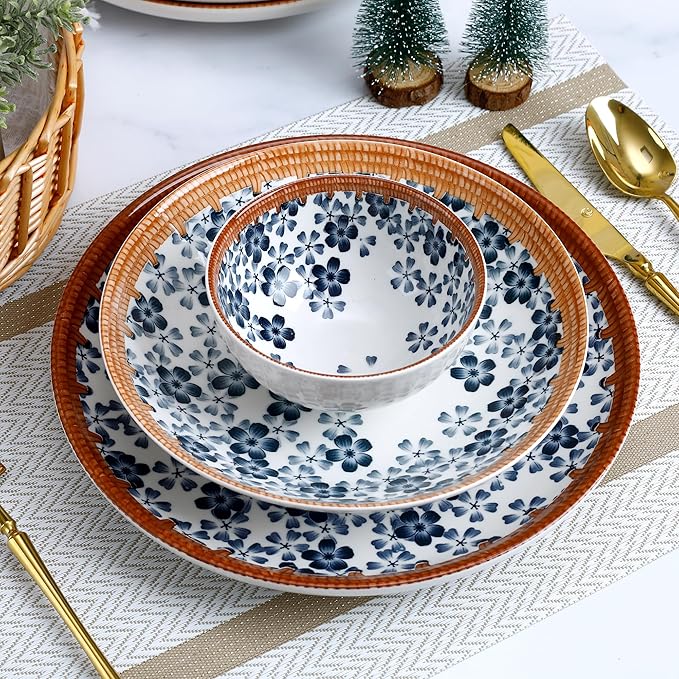 Sakura Blossom Dinnerware Set 12-Piece, Porcelain Plates and Bowls Set for 4, Microwave and Dishwasher Safe