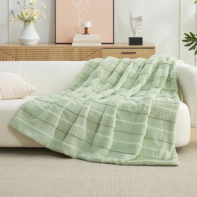 Am챕lie Home Luxury Striped Faux Fur Throw Blanket for Couch, Soft Cozy Fuzzy Fluffy Soft Plush Blankets Sofa Chair Gift Blankets for Women, 60"x80", Sage Green