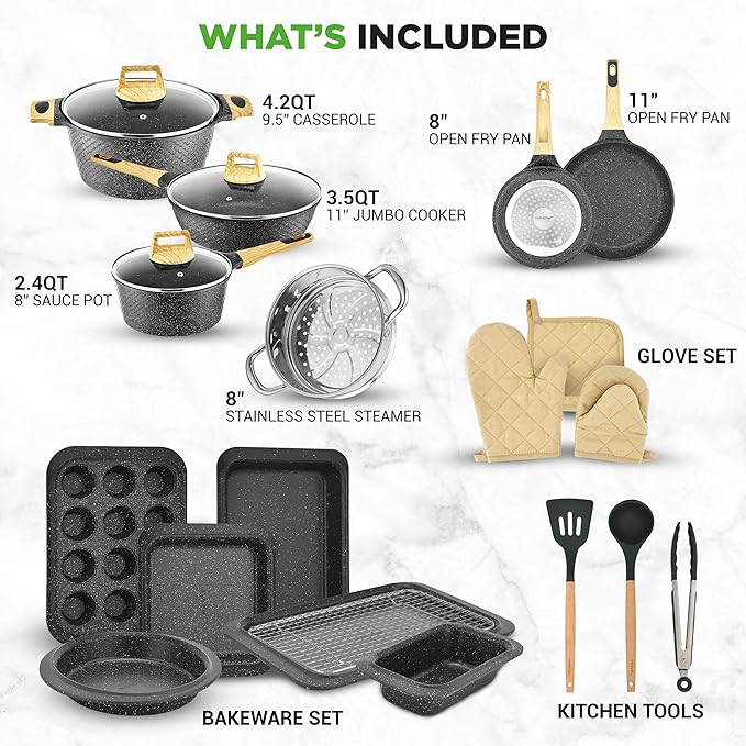 NutriChef 22?멠iece Non?멣tick Ceramic Pots and Pans Set ??For All Cooktops Including Induction ??PTFE & PFAS Free, Includes Bakeware & Utensils