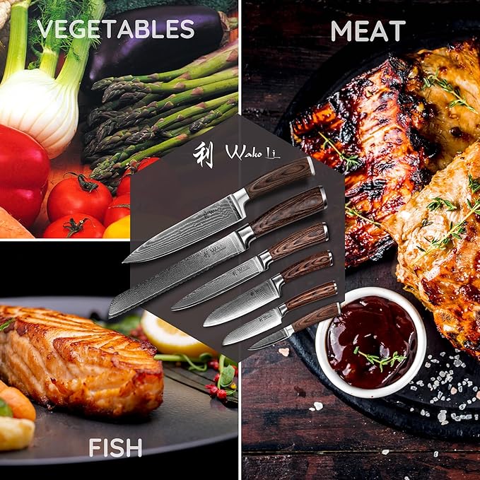 Wakoli EDIB 6-Piece Damascus Knife Set ??Professional Chef Knives Set with VG10 Core Blades, 67-Layer Damascus Steel and Ergonomic Pakkawood Handles ??Premium Kitchen Knives in Elegant Gift Box