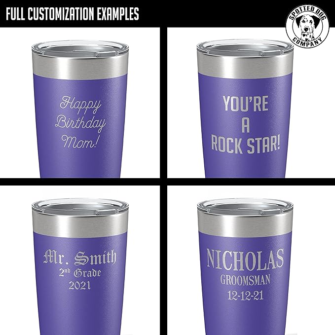 Personalized 20oz (17 Colors) Powder Coated Insulated Stainless Steel Tumbler with Lid, Custom Etched, Customized Text Message Name, Engraved Gift Idea Women Men Him Her, Your Text Here (Purple)