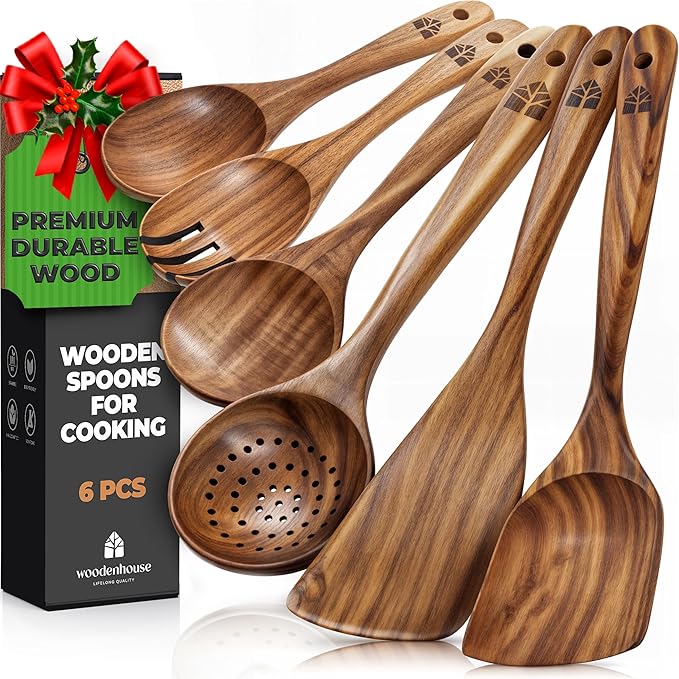 Wooden Spoons for Cooking ??Wooden Kitchen Utensils Set, 6 Pcs Teak Wood Utensil Set ??Comfortable Grip Non?밪tick Wooden Cooking Utensils - Kitchen Gifts for Women Men, Cooking Gifts for Men Women
