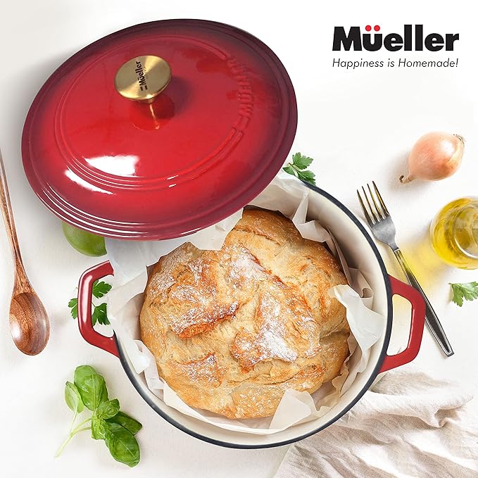 Mueller 6qt Enameled Cast Iron Dutch Oven, Heavy-Duty Casserole and Braiser Pan with Lid and Knob, Oven-Safe up to 500째 F & Across All Cooktops, Red