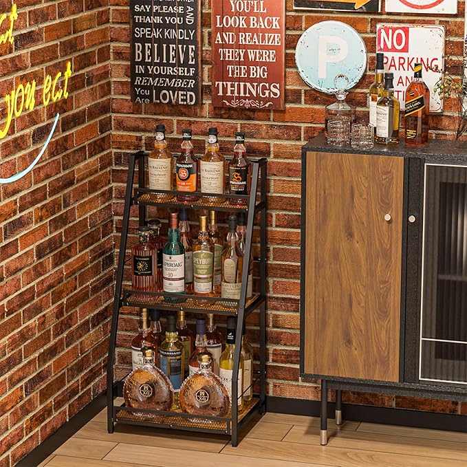 3-Tier (Safe Height for Kids & Pets) Liquor Stand for Home Bar, Stepped Wine Rack Freestanding Floor for Liquor Whiskey Wine, Versatile Corner Wine Bottle Display Stand with Fences, Vintage Brown