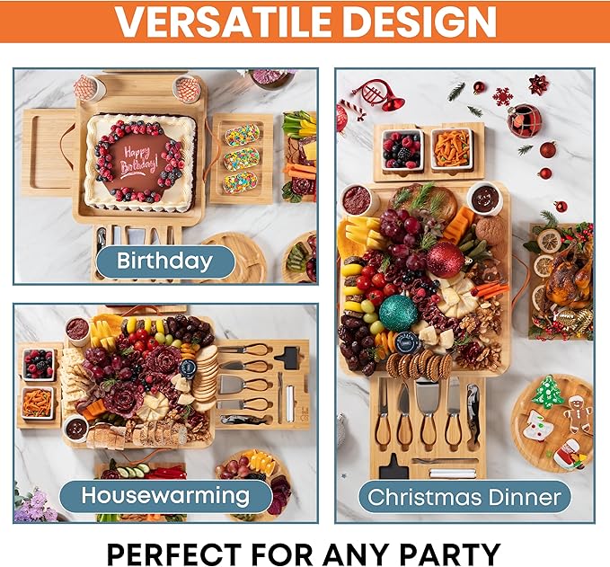 Large Bamboo Charcuterie Board Gift Set ??4 Hidden Drawers, Cheese Knives, Ceramic Bowls & Plates ??Perfect Christmas, Holiday, or Housewarming Gift