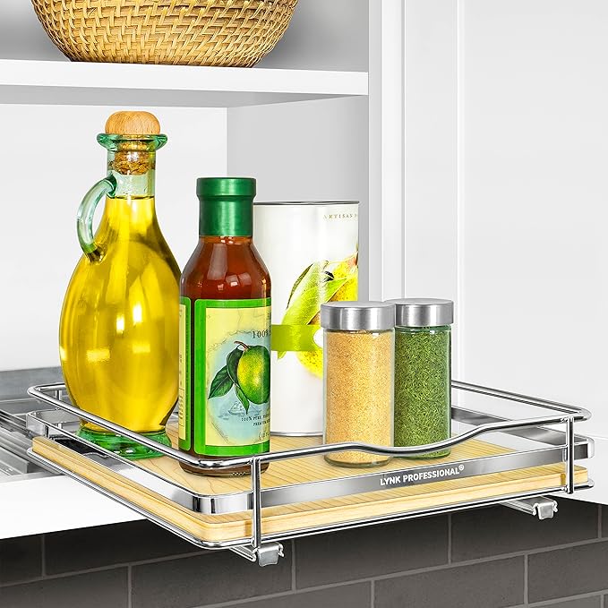 LYNK PROFESSIONAL짰 횋lite??Pull Out Spice Rack Organizer for Inside Kitchen Cabinets - 10-3/8 inch Wide - Slide Out Drawer ??Wood/Chrome Sliding Spice Cabinet Organization Shelf Racks - 1 Tier