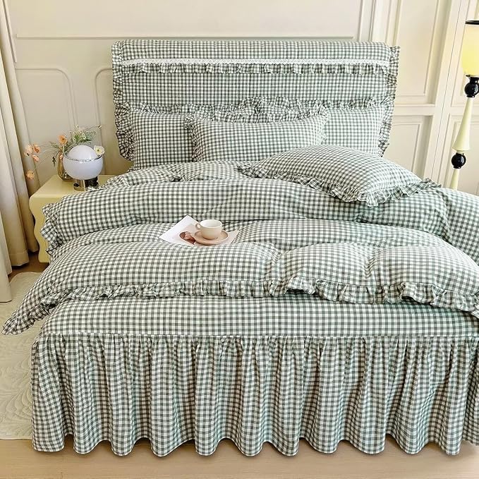 LifeTB Green Gingham Comforter Set Full Size Ruffle Plaid Checkered Pattern Comforter Farmhouse Grid Plaid Gingham Bedding Comforter Set with 2 Pillowcases Fluffy Soft Lightweight Grid Bedding Set