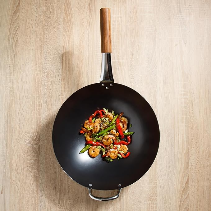 SUR LA TABLE Kitchen Essentials Quick Fire 13.5" Carbon Steel Flat Bottom Wok ??Durable Nonstick Stir Fry Pan