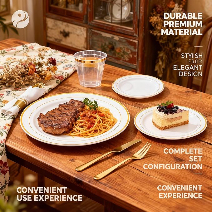 Elegant Wedding Disposable Plates Gold Dinnerware Sets for 25 or 50 Guests for Reception (350)
