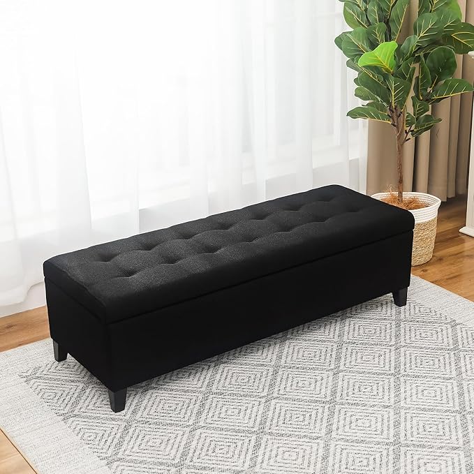 DECO DE VILLE Ottoman with Storage, 51 Inch End of Bed Storage Ottoman Bench, Linen Fabric Upholstered Ottomans with Hinged Lid, Rectangle Long Foot Rest Bench for Entryway Living Room Bedroom Black