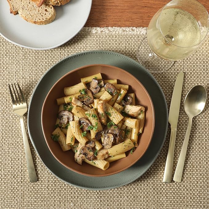 Gibson Elite Menlo Park 16-Piece Pottery Clay Stoneware Dinnerware Set ??Assorted Color Reactive Glaze, Organic Shape Embossed Plates and Bowls W/Pasta Bowl, Service for 4 Microwave Dishwasher Safe