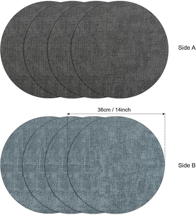 Myir JUN Round Placemats, Dual Sided Faux Leather Place Mats Set of 6 Indoor/Outdoor Non-Slip Washable Table Mats (Gray Light Blue, Set of 6)