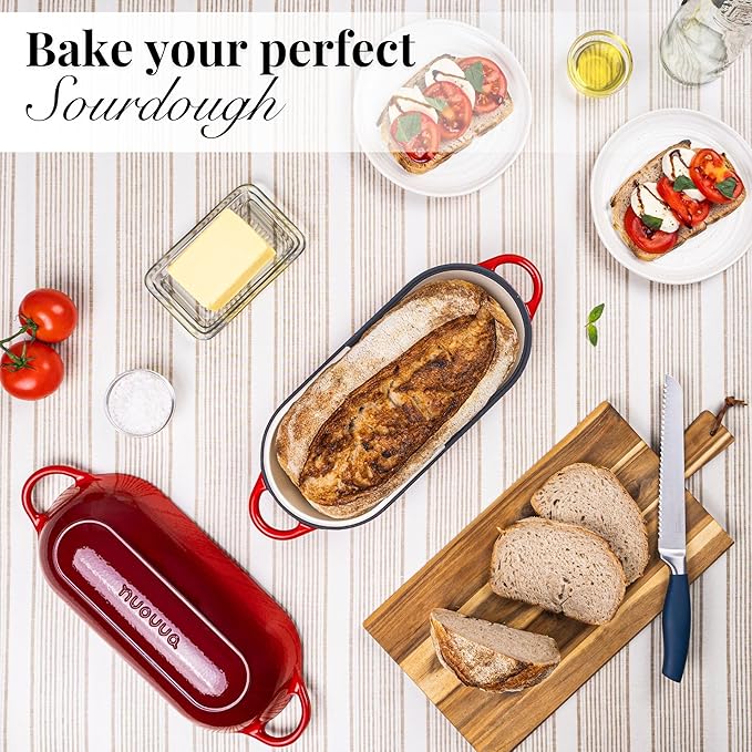 Enamelled Cast Iron Bread Loaf Pot ??Dutch Oven For Sourdough Bread Baking ??Oven Safe Non Stick Bread Pot ??Rectangular, Red, 34cm x 16cm ??by Nuovva