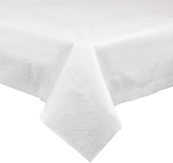 Disposable 3 Ply Paper & Plastic Tablecloth Absorbent, Waterproof, White Table Cover for Rectangle Tables fits 6-8 Foot Tables Size: 54'' X 108'' Pack of 10