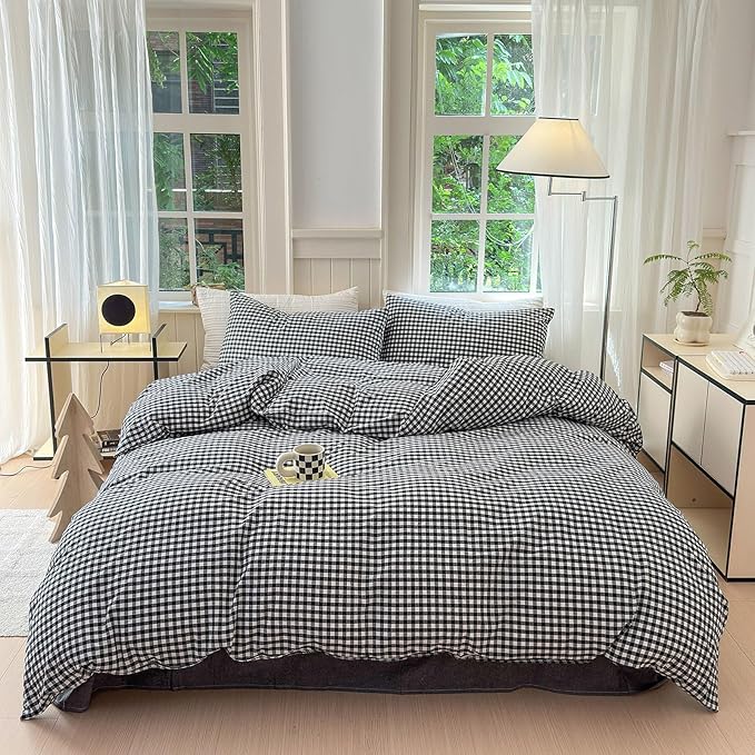 LifeTB Black Gingham Comforter Full Size Boho Plaid Checkered Pattern Comforter Geometric Grid Plaid Printed Bedding Comforter Set with 2 Pillowcases Fluffy Bed Luxury Soft Gingham Bedding Set Full