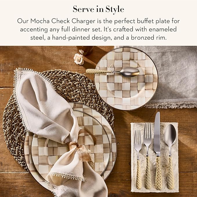 MACKENZIE-CHILDS Enamel Charger Plate, Charger Decoration Plate for Dinner Plates or Home Decor, 12 Inches, Brown-and-White Mocha Check