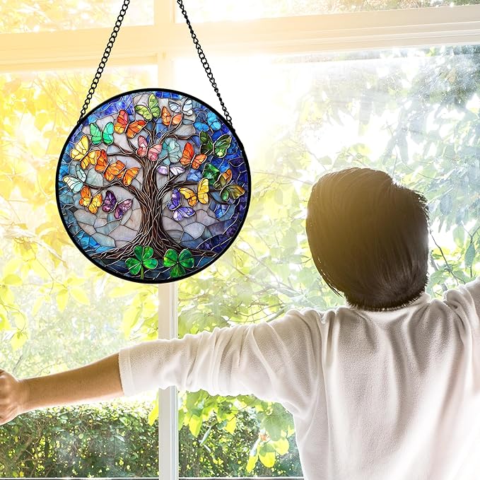 Stained Glass Window Hanging, Butterfly Tree Clover Sun Catchers Glass Panel Blue Suncatcher Decor for Birthday for Women, Men, Wife, Aunt, and Mom 7.8 in