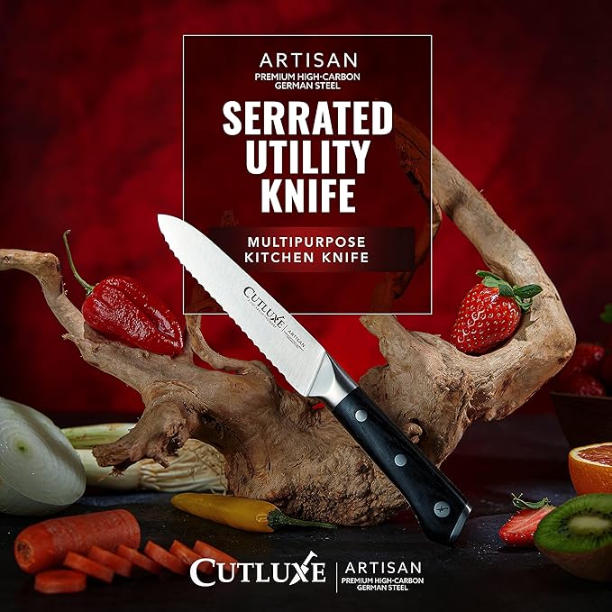 Cutluxe Kitchen Utility Knife ??5" Serrated Ultra Sharp Blade, Ergonomic Handle, Full Tang ??Forged High Carbon German Steel ??Artisan Series