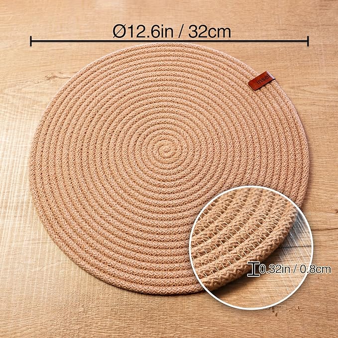 Round Placemats, Set of 6, Handmade by Braided Cotton Cord for Kitchen and Dining Table, Dia. 12.6 Inch, Doublesided, Heat Resistant, Off-White/Cappuccino